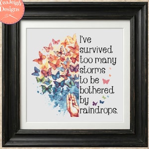 May include: A framed cross-stitch pattern featuring a colorful array of butterflies in shades of orange, yellow, blue, and purple, with a hand reaching out and the text: I've survived too many storms to be bothered by raindrops.