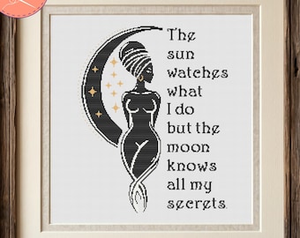 African Goddess Cross Stitch Pattern - The Moon Knows All My Secrets - Printable and Pattern Keeper PDF Files