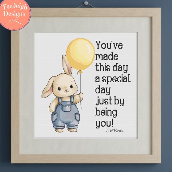 Baby Bunny Cross Stitch Pattern with a Mr. Rogers quote - You've Made This Day a Special Day - (PDF Files, Pattern Keeper Compatible)