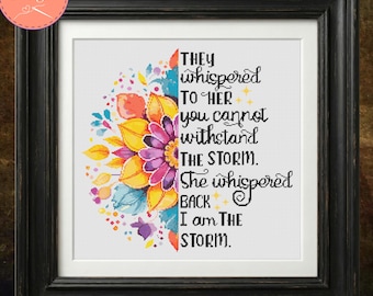 I Am The Storm Cross Stitch Pattern - Bright Floral Mandala - PDF Files
