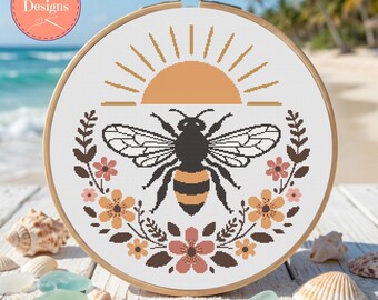 Folk Art Bee Cross Stitch Pattern - Scandinavian Flowers and Sunshine -  Printable and Pattern Keeper PDF Files