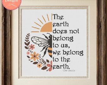 Folk Art Bee Cross Stitch Pattern - The Earth Does Not Belong to Us, We Belong to the Earth - PDF Files
