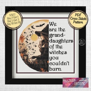 Può includere: Uno schema di punto croce con una strega con un cappello e un vestito neri, in piedi di fronte a una luna piena. Lo schema include il testo "We are the grand-daughters of the witches you couldn't burn."