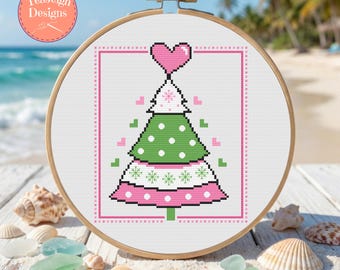 Whimsical Pink and Green Xmas Tree Cross Stitch Pattern - Printable and Pattern Keeper pdf Files