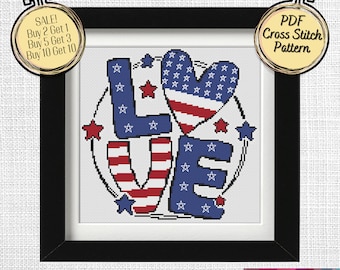 USA 4th of July Cross Stitch Pattern LOVE - Printable PDF and Pattern Keeper App Files