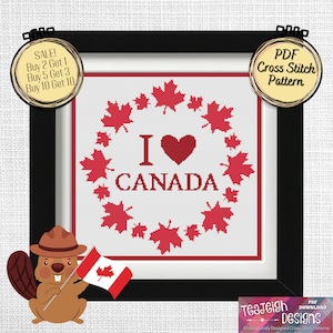 I Love Canada Maple Leaf Wreath Einfaches Kreuzstichmuster - Printable und Pattern keeper kompatible PDF-Dateien