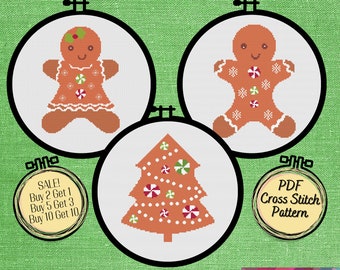 Bundle of 3 Gingerbread Cookie Easy Cross Stitch Patterns  -  Printable and Pattern Keeper Compatible PDF Files