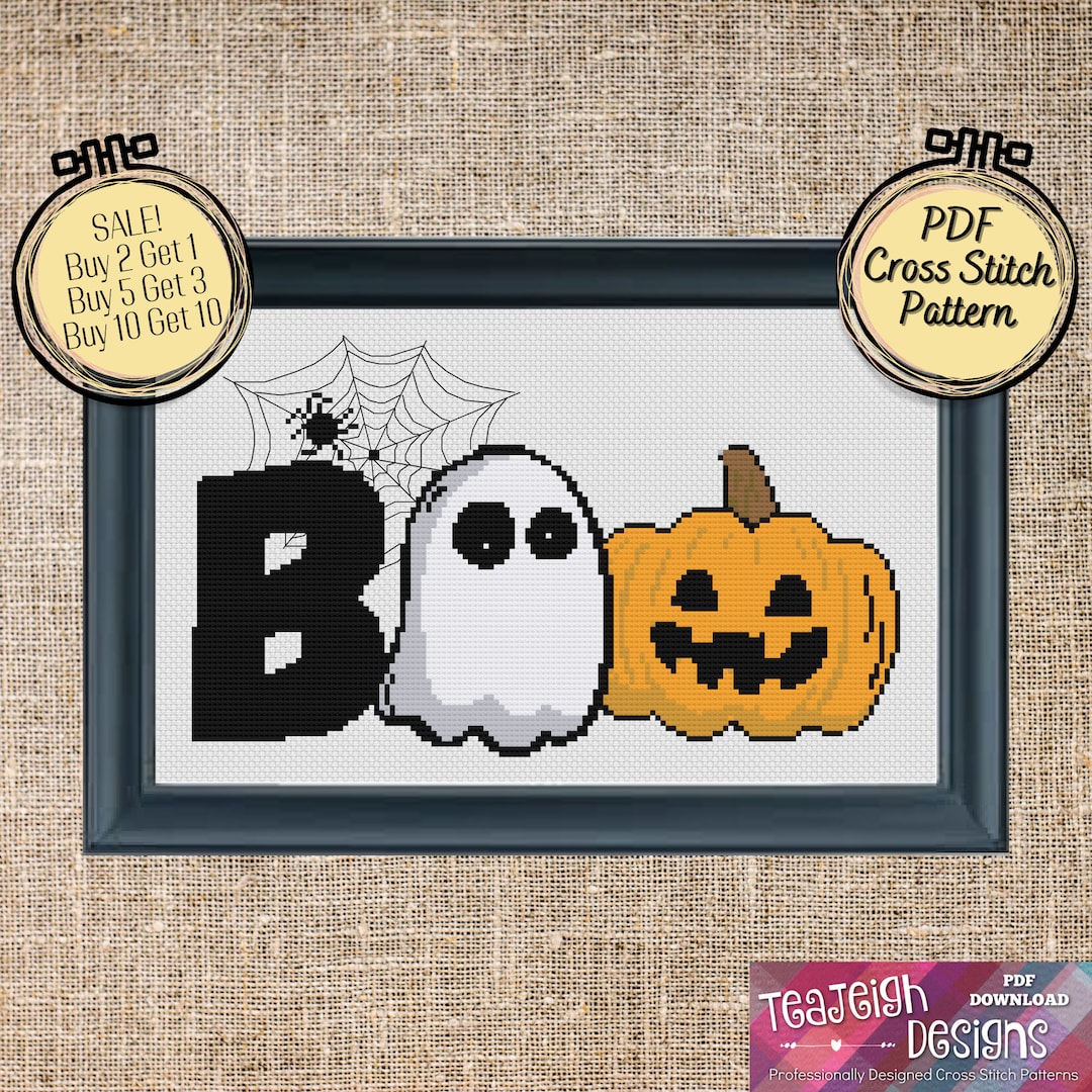 Halloween BOO Ghost, Jack O Lantern and Spider Web Cross Stitch Pattern ...