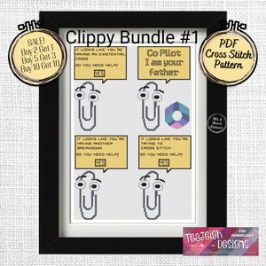 May include: A set of four cross stitch patterns featuring a paperclip character with different sayings. The patterns are titled "Clippy Bundle #1" and include the sayings "It looks like you're having an existential crisis. Do you need help?", "It looks like you're having another breakdown. Do you need help?", "Co Pilot I am your father", and "It looks like you're trying to cross stitch. Do you need help?" The patterns are available as a PDF download.