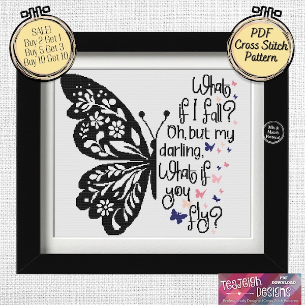 Patrón de punto de cruz de mariposa en blanco y negro: ¿Y si me caigo? ¿Y si vuelas? - Archivos PDF imprimibles y de Pattern Keeper