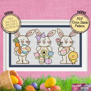 Bundle of 3 Cute Easter Bunny Cross Stitch Patterns - Printable and Pattern Keeper Compatible PDF Files