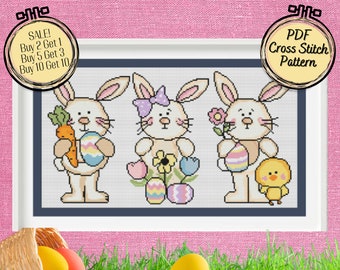 Bundle of 3 Cute Easter Bunny Cross Stitch Patterns - Printable and Pattern Keeper Compatible PDF Files