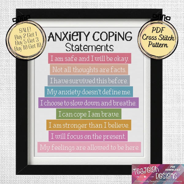 Anxiety Coping Statements Cross Stitch Pattern  - Mental Health -  Printable and Pattern Keeper Compatible PDF Files