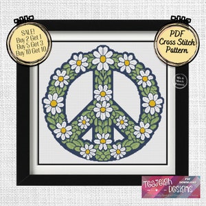 Daisy Peace Sign Cross Stitch Pattern Printable & Pattern Keeper PDF Files