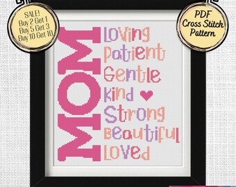 Beautiful MOM Cross Stitch Pattern for Mother's Day - Printable and Pattern Keeper Compatible PDF Files