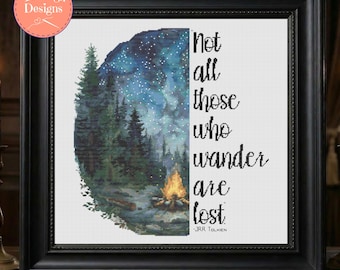 Watercolor Starry Night Campfire Cross Stitch Pattern - Not All Those Who Wander Are Lost - Printable and Pattern Keeper PDF Files