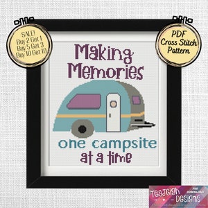 Retro Camper Making Memories One Campsite at a Time Easy Cross Stitch Pattern - Printable and Pattern Keeper Compatible PDF Files