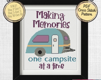 Retro Camper Making Memories One Campsite at a Time Easy Cross Stitch Pattern - Printable and Pattern Keeper Compatible PDF Files