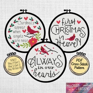 Bündel von 3 Weihnachtskardinal-Gedächtnis-Kreuzstichmuster - Erstes Weihnachten im Himmel - PDF-Datei kompatibel mit Pattern keeper