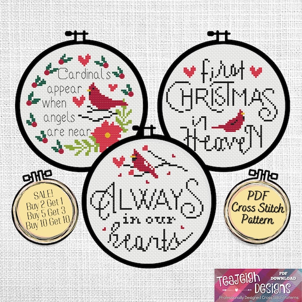 Bundle of 3 Christmas Cardinal Memorial Cross Stitch Patterns - First Christmas in Heaven -  PDF File Compatible with Pattern Keeper