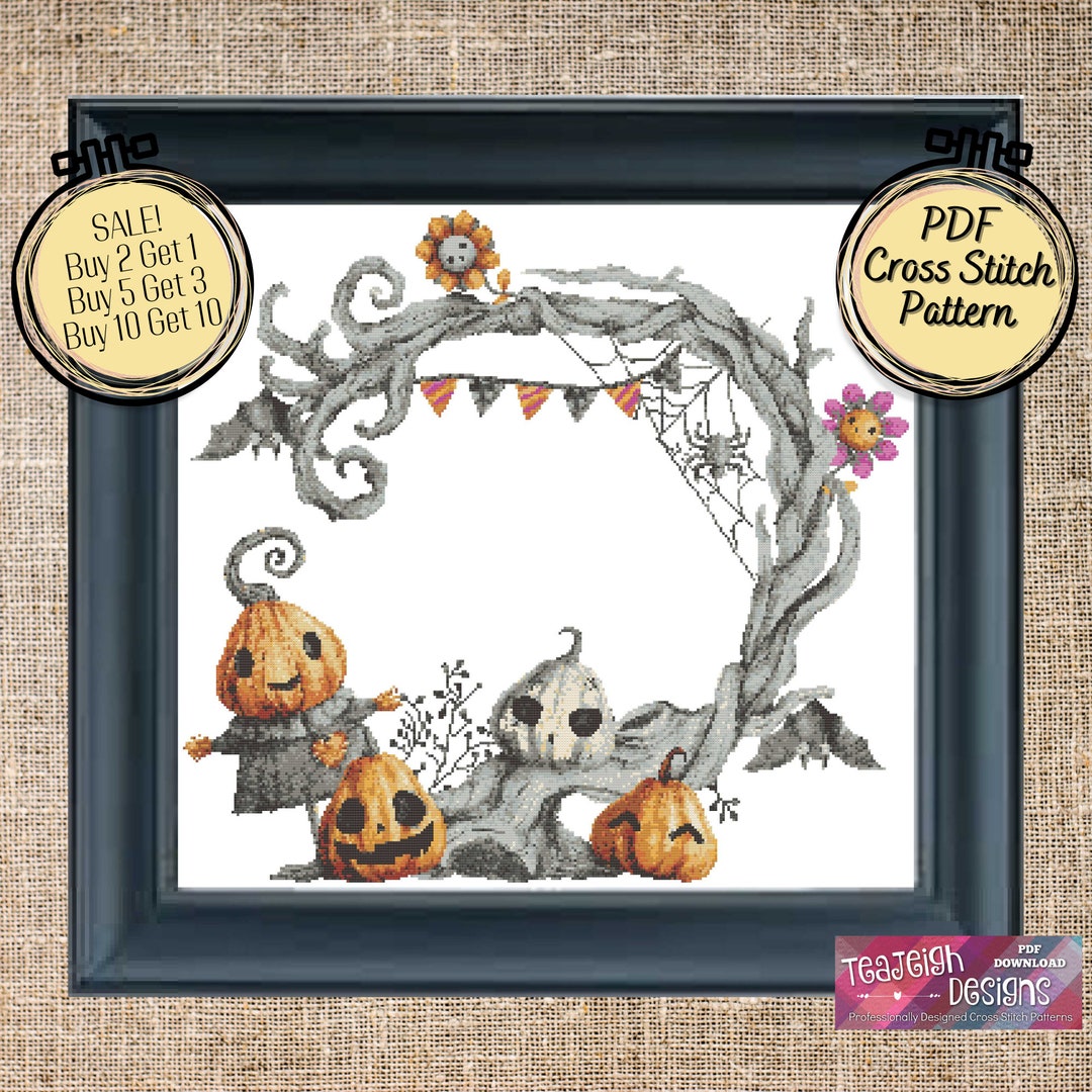 Dead Tree Hallowe'en Cross Stitch Pattern With Jack O Lanterns, Bats