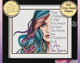 Schema punto croce "I Am The Storm" - Donna dai capelli sfumati arcobaleno - Abbina e abbina - File PDF stampabili e Pattern Keeper
