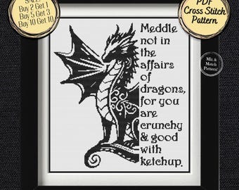 Dragon Cross Stitch Pattern – Funny Quote, Mix & Match (Printable and Pattern Keeper PDF Files)