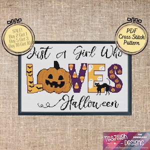 Just a Girl Who Loves Halloween with Pumpkins Ghosts Candy Corn and Bats Easy Halloween Cross Stitch Pattern - PDF Files
