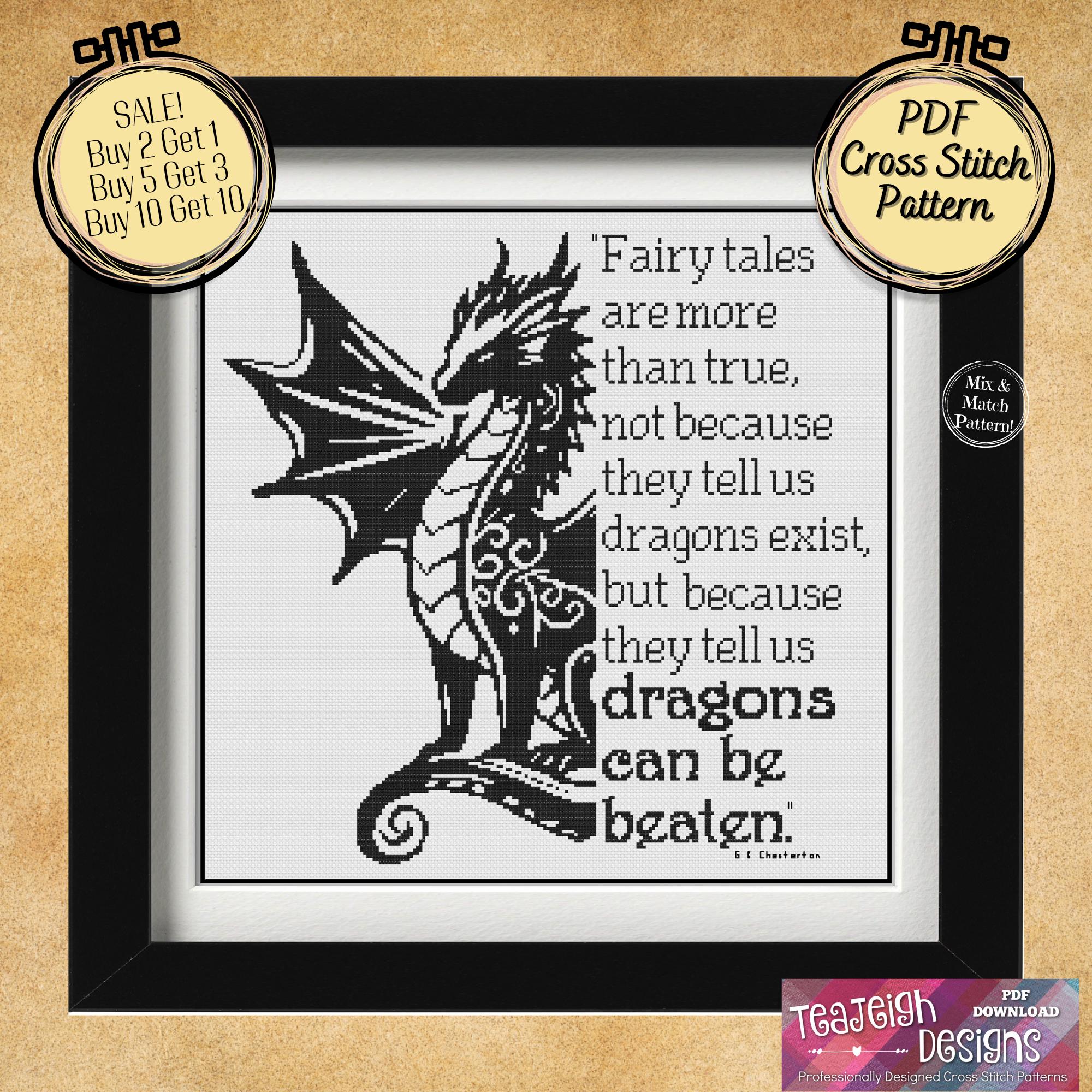 Dragon Cross Stitch Pattern - Fairy Tales Tell Us Dragons Can Be Beaten -  Mix and Match - Printable and Pattern Keeper PDF Files - Etsy, image size:2000x2000