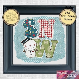 Whimsical SNOW Christmas Cross Stitch PDF Pattern with a Cute Snowman - Printable and Pattern Keeper Compatible PDF Files