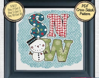 Whimsical SNOW Christmas Cross Stitch PDF Pattern with a Cute Snowman - Printable and Pattern Keeper Compatible PDF Files