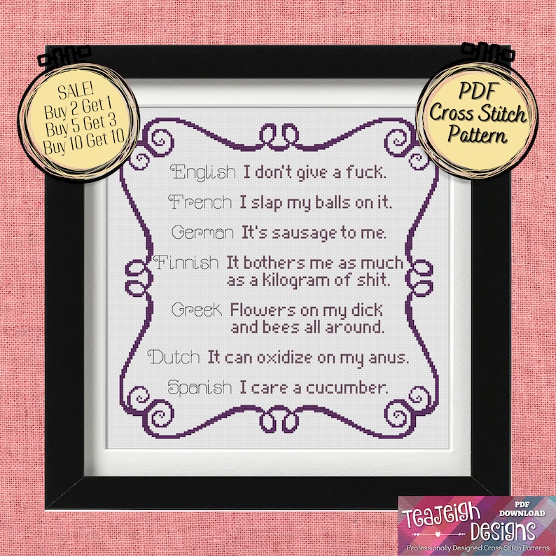 I Don't Give a Fuck Translated in Many Languages - Easy Cross Stitch Pattern - Printable and Pattern Keeper Compatible PDF Files image 1