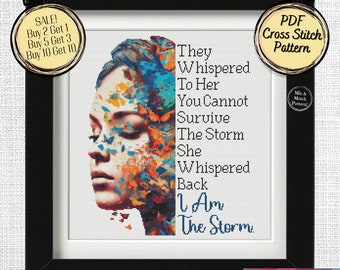 Schema punto croce "I Am The Storm" - Donna con FACCIA DA FARFALLA - File PDF stampabili e compatibili con Pattern Keeper