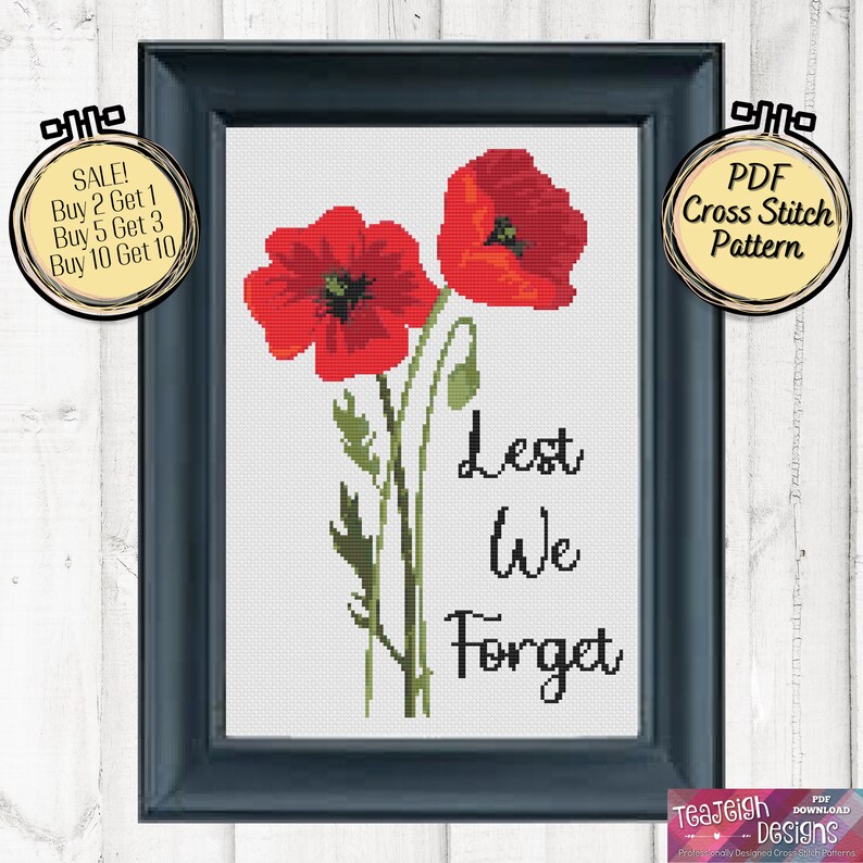 Less We Forget Cursive Lest We Forget With Poppies for Remembrance Day Cross Stitch Pattern ...