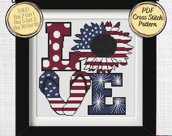 USA 4th of July Patriotic Cross Stitch Pattern with a Sunflower and Flip Flops - Printable and Pattern Keeper Compatible PDF Files