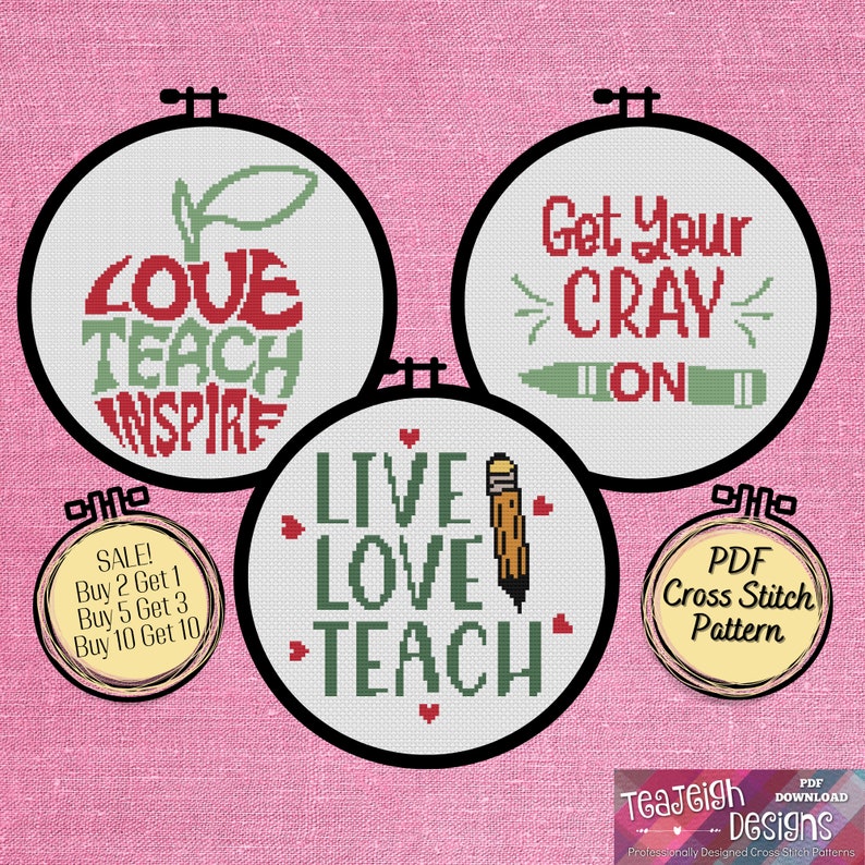 Bundle of 3 Easy Teacher Appreciation Cross Stitch Patterns Printable and Pattern Keeper Compatible PDF Files image 1