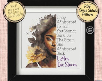 I Am The Storm Cross Stitch Pattern - Black Woman with Sunflower - Printable and Pattern Keeper Compatible PDF Files