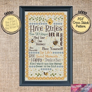 Hive Rules Cross Stitch Pattern - Bee Yourself  - Bee Youtiful - Mind your own Beeswax - Printable and Pattern Keeper Compatible PDF Files