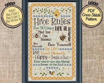 Hive Rules Cross Stitch Pattern - Bee Yourself  - Bee Youtiful - Mind your own Beeswax - Printable and Pattern Keeper Compatible PDF Files