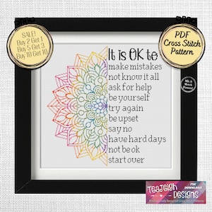 May include: A colorful mandala design with a quote about self-acceptance and resilience. The quote reads "It is OK to make mistakes, not know it all, ask for help, be yourself, try again, be upset, say no, have hard days, not be ok, start over".