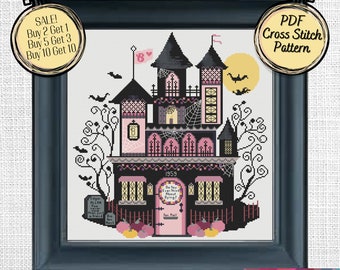 Wzór haftu krzyżykowego w stylu nawiedzonego dworu w kolorze różowym – Barbie na Halloween – pliki PDF do druku i kompatybilne z Pattern Keeper