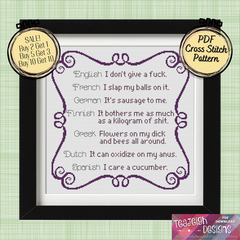 I Don't Give a Fuck Translated in Many Languages - Easy Cross Stitch Pattern - Printable and Pattern Keeper Compatible PDF Files image 4