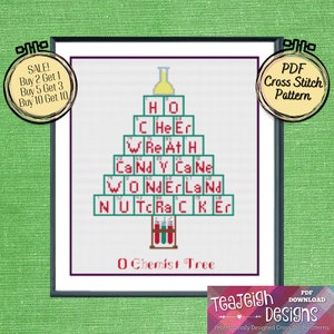 May include: A cross stitch pattern of a Christmas tree made of chemical element symbols. The tree is labelled "O Chemist Tree".