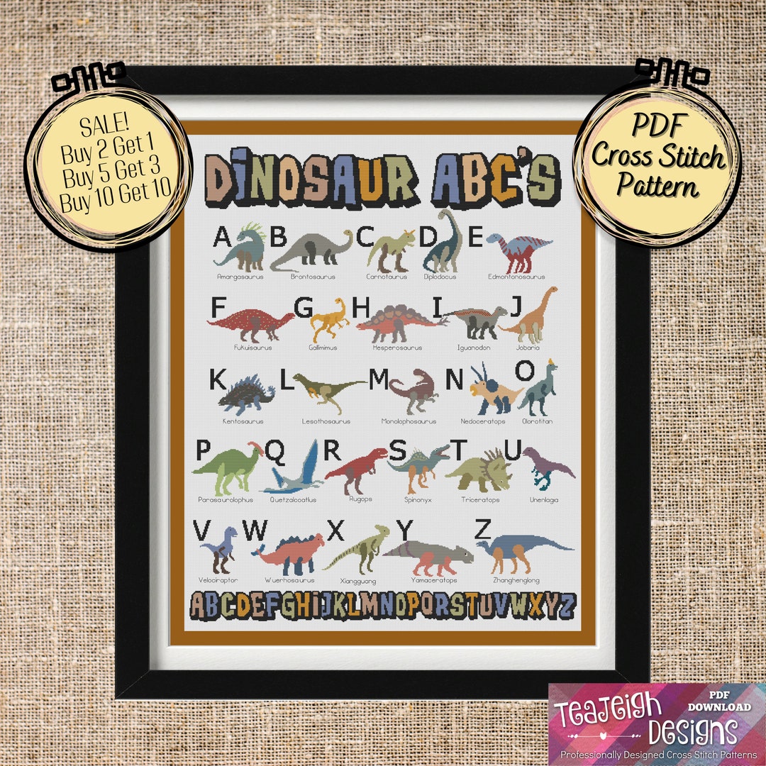 Dinosaur Alphabet Cross Stitch Pattern for Nursery or Play Room Dino