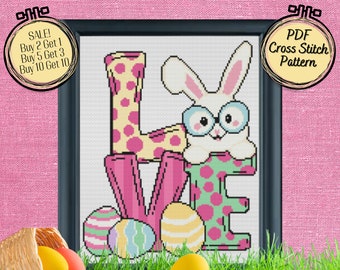 Easter Bunny with Glasses LOVE Cross Stitch Pattern in Bright Spring Colours - Printable and Pattern Keeper Compatible PDF Files