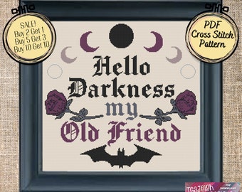 Hello Darkness My Old Friend Goth Halloween Cross Stitch Pattern  -  Printable and Pattern Keeper Compatible PDF Files