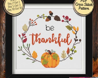 Be Thankful Pumpkin Wreath Cross Stitch Pattern for Autumn and Thanksgiving - Printable and Pattern Keeper Compatible PDF Files