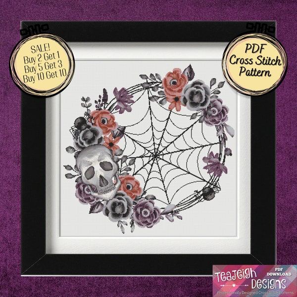 Goth Floral Spiderweb and Skull Wreath - Halloween Cross Stitch Pattern - Printable and Pattern Keeper Compatible PDF Files