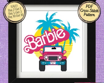Malibu Barbie's Jeep with a Retro Sunset and Palm Trees Cross Stitch Pattern - Printable and Pattern Keeper Compatible PDF Files