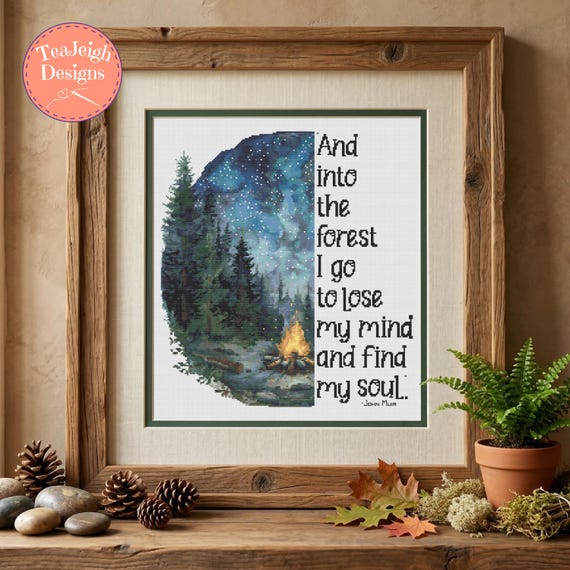Nature Cross Stitch Pattern with a Starry Sky and Campfire - Into the Forest I Go To Lose My Mind and Find My Soul - PDF Files